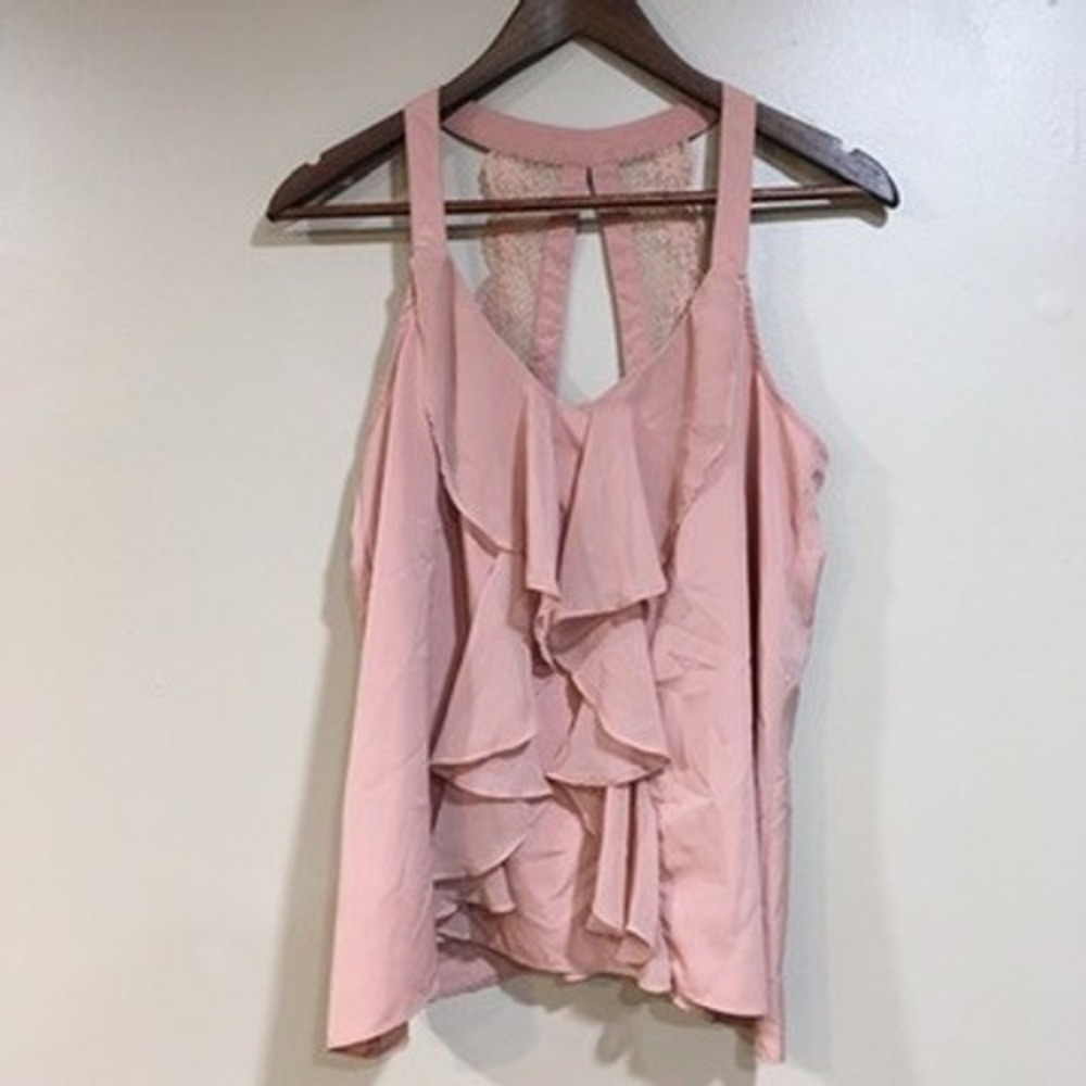 Lauren Conrad Lace Back Ruffle Tank Top Blouse Womens XS Pink Feminine‎ Coquette